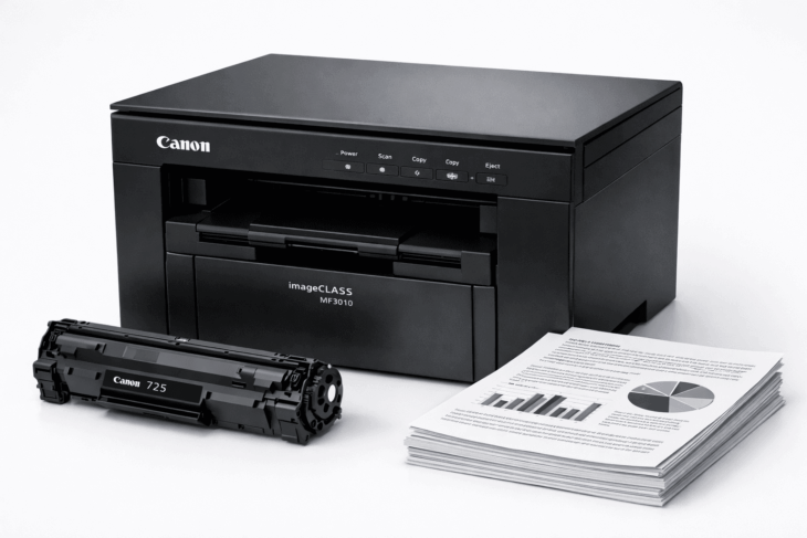 Мультифункциональный лазерный принтер Canon MF3010 с тонер-картриджем и образцами печати.