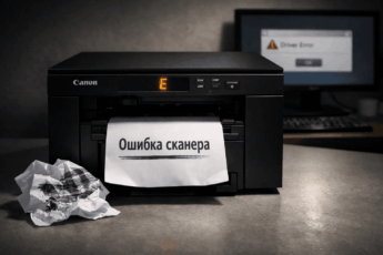 Многофункциональное устройство Canon MF3010 с ошибкой E на дисплее и дефектом печати.