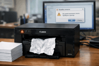 Принтер Canon MF3010 с горящим индикатором ошибки и смятым листом в лотке.